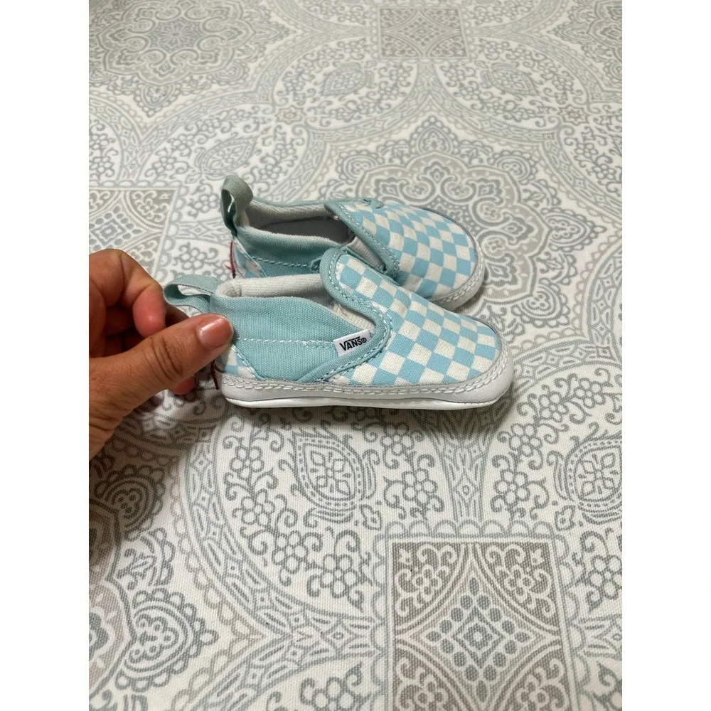 Vans Slip-On V Crib Baby Shoes Light Blue Checkered Sneakers Size 1 Infant